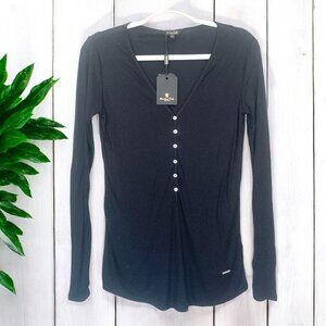 Massimo Dutti Women's Black V-Neck Ribbed Long Sleeve Button-Up Top Sz Large